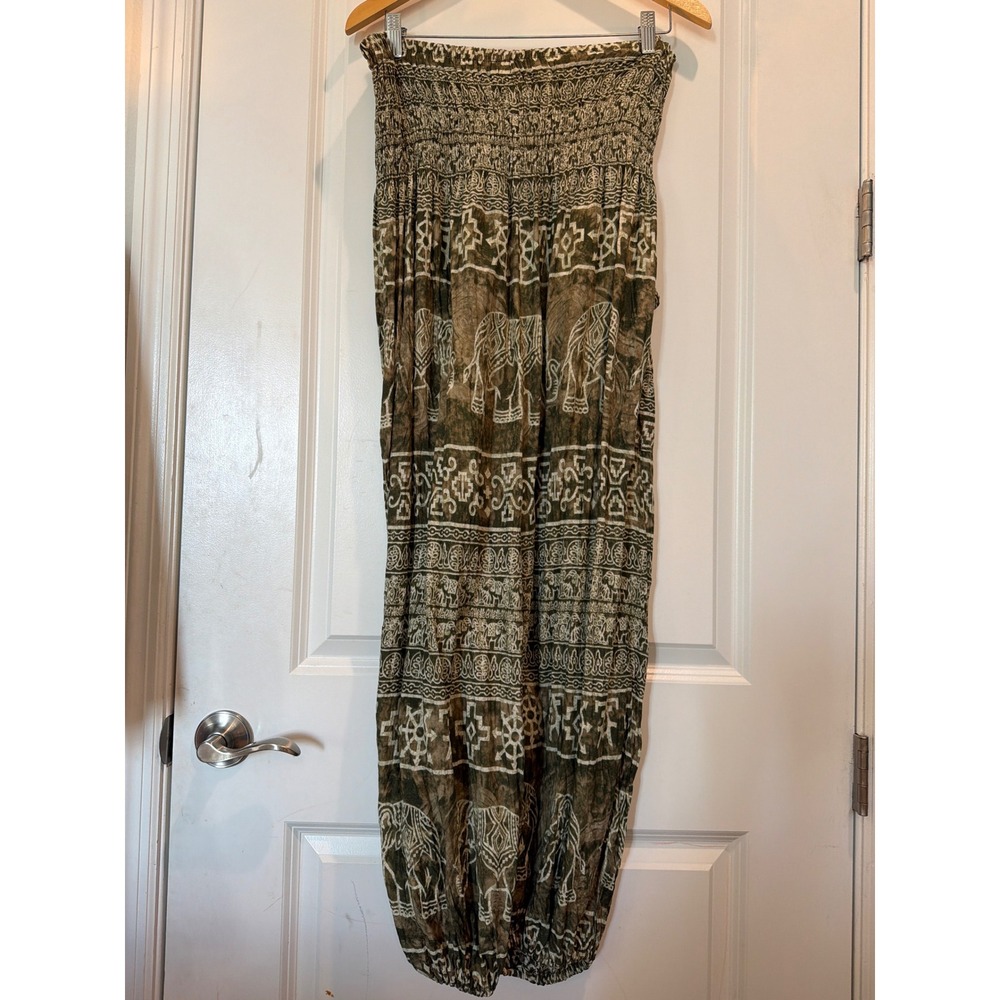 Harempants.com Olive Green Elephant Print Smocked Harem Pants XL Boho Rayon